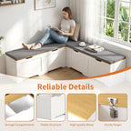 Zevemomo 63" L Shaped Storage Bench with Cushion, Kitchen Breakfast Nook Benches, Corner Storage Bench for Living Room, Kitchen, Entryway, White and Grey