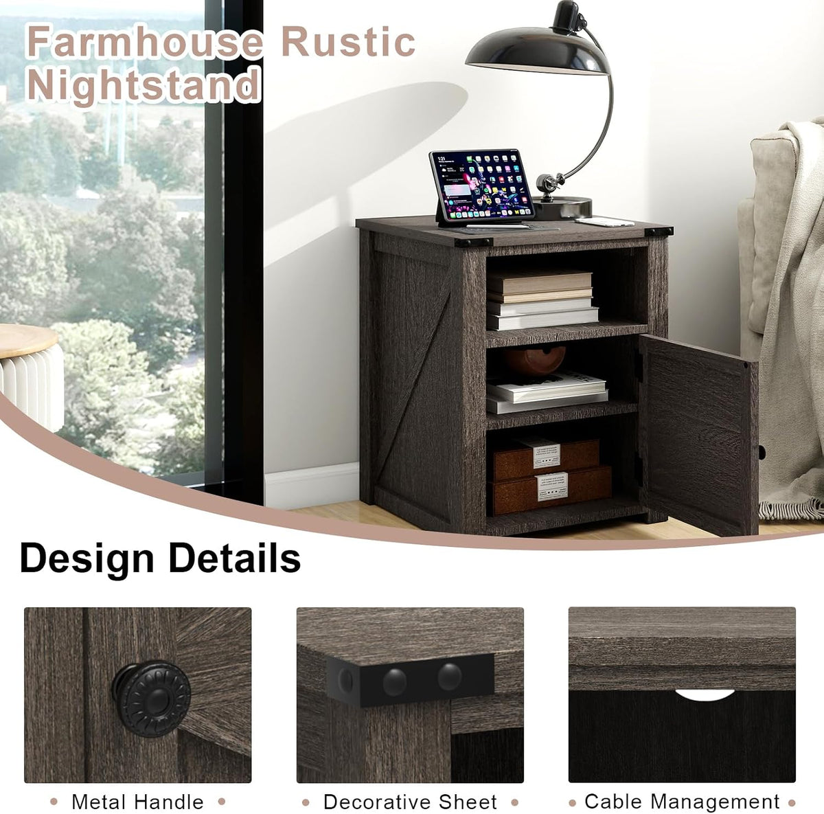 MUUEGM 24" Nightstand with Charging Station, End Table, Side Table with Door for Bedroom, Living Room, Modern Farmhouse Design, Dark Grey Bedside Table with Door Set of 2