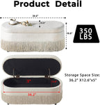 39.4“ Boho Storage Ottoman Bench with Tassels,Upholstered End of Bed Bench | Linen Oval Ottoman with Storage, Entryway Foot Rest for Bedroom, Lift-Top Lid with Safety Hinge, Living Room, Beige