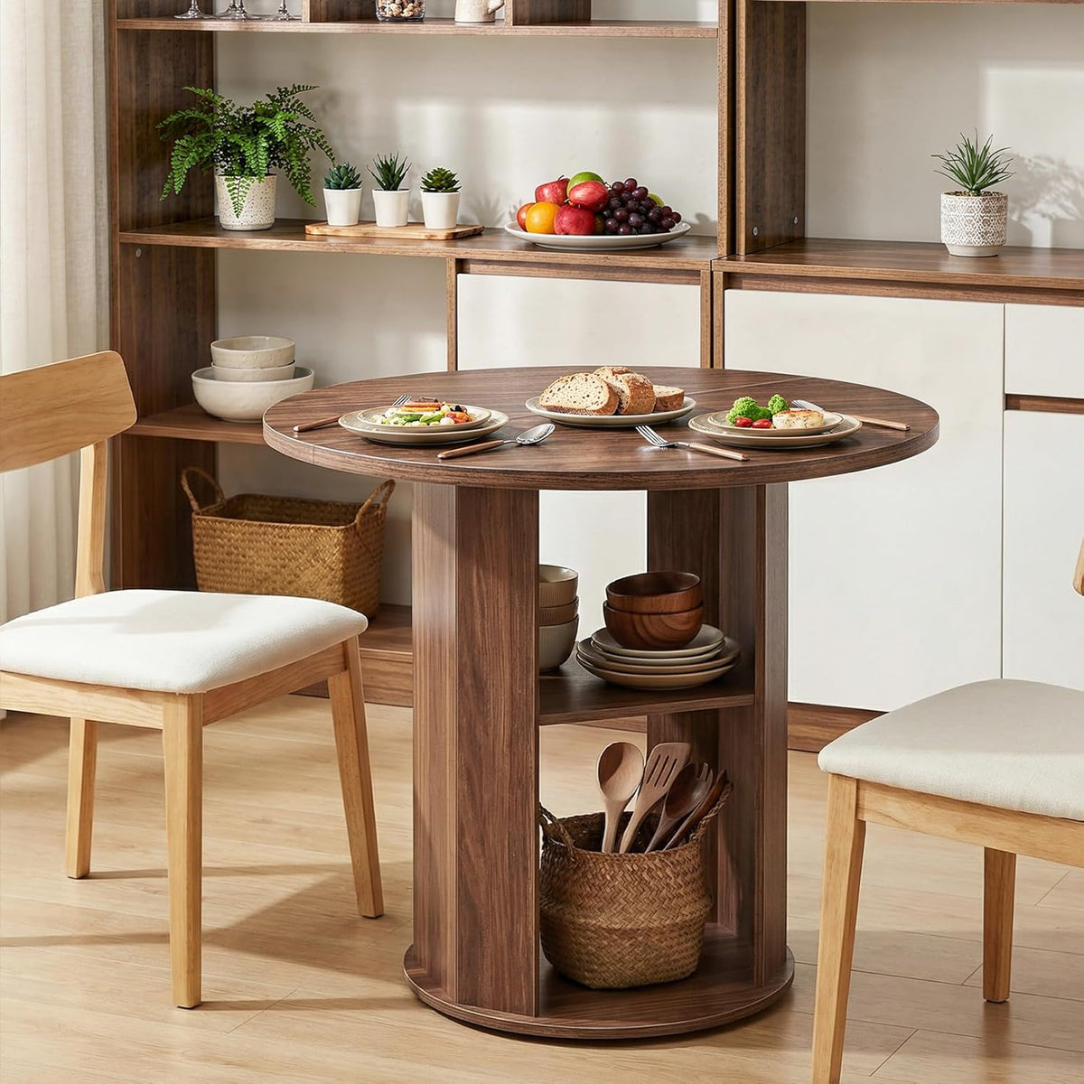MAHANCRIS 31.5" Round Dining Table with Storage Shelf for 2-3, Circle Kitchen Dinner Table with Thick Tabletop, for Small Spaces, Circle Nook Table for Kitchen & Dining Room, Walnut DTWA8501