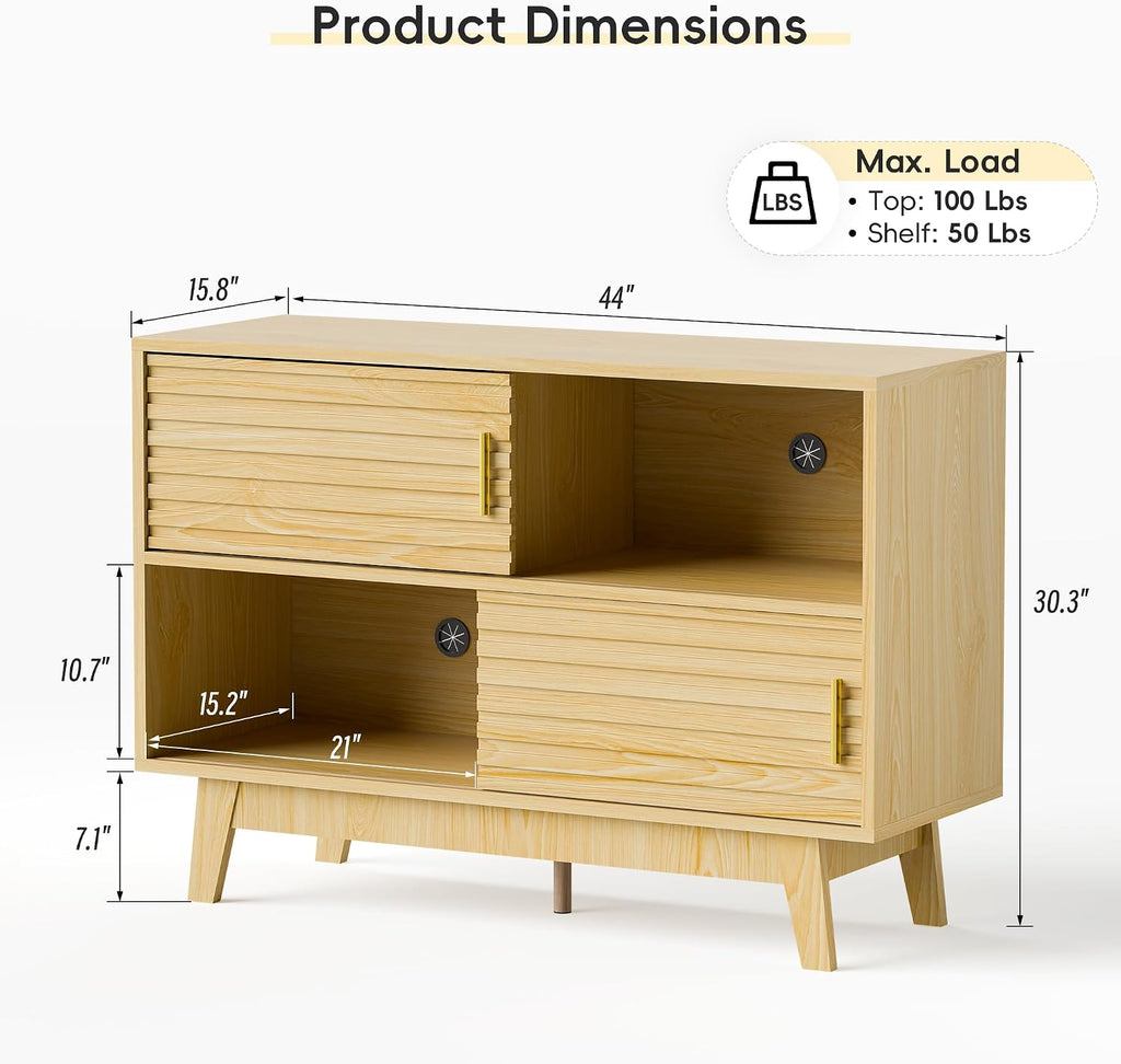 Fluted Buffet Sideboard Oak, Modern Storage Cabinet w/Cord Cutout, Accent Cabinet with Solid Wood Legs, Console Table w/Sliding Doors Open Shelves, Credenza for Living Room, Hallway, Entryway