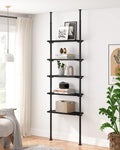 ALLZONE Adjustable Tall Narrow Bookshelf, 5-Tier Floor-to-Ceiling Tension Mount Ladder Book Shelf with Storage for Versatile Uses, Fits 92-116 Inch Ceilings, 27.84-Inch Wide Wood Shelves, Black Relief