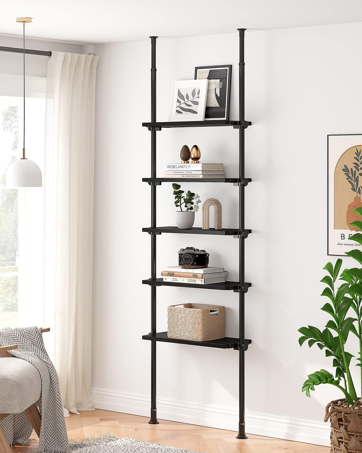 ALLZONE Adjustable Tall Narrow Bookshelf, 5-Tier Floor-to-Ceiling Tension Mount Ladder Book Shelf with Storage for Versatile Uses, Fits 92-116 Inch Ceilings, 27.84-Inch Wide Wood Shelves, Black Relief
