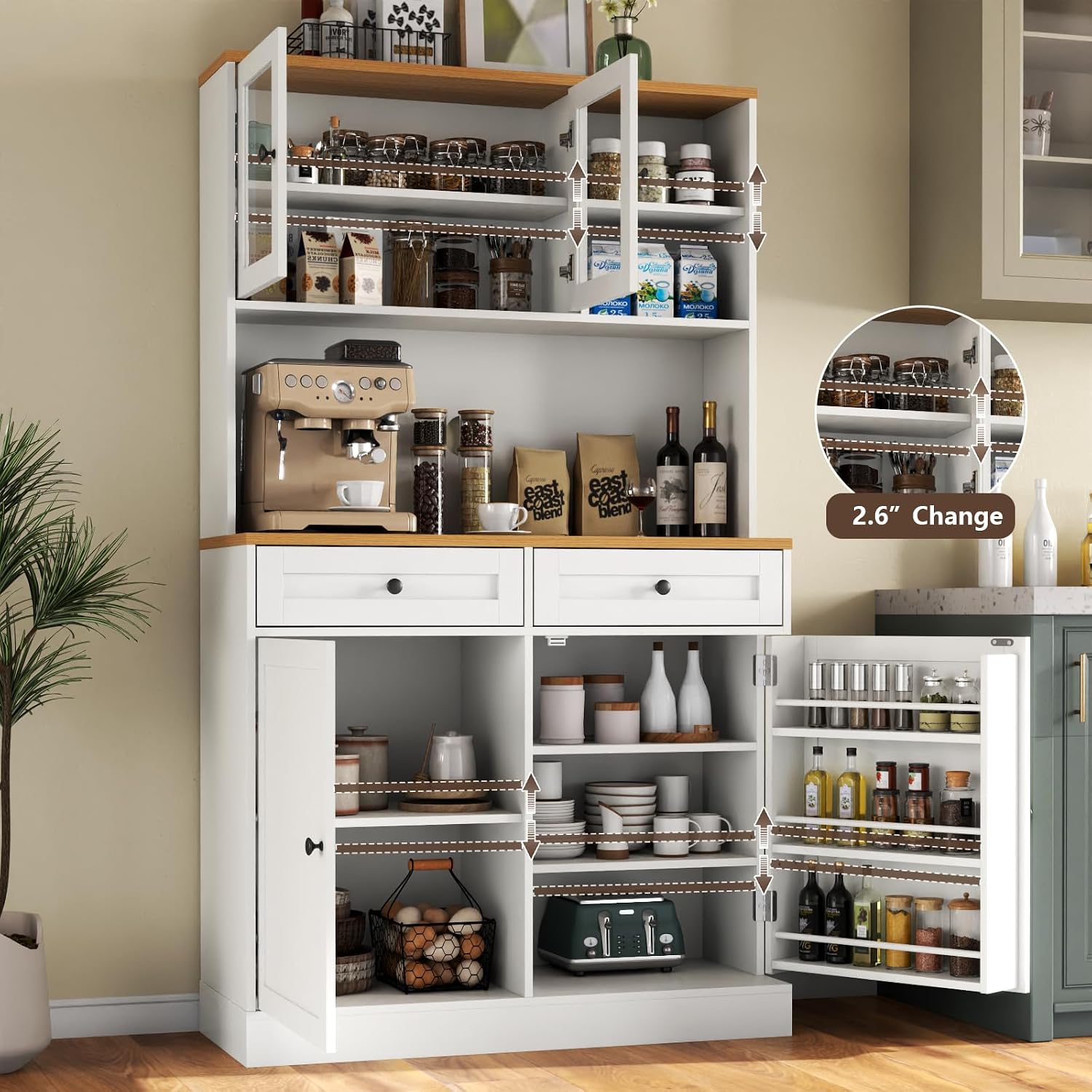 Tall Kitchen Pantry Cabinet, Modern Kitchen Hutch with Microwave Stand | Pantry Storage Cabinet with 2 Darwers & Door Shelf, Food Pantry with Glass Doors & Adjustable Shelves for Dining Room, White