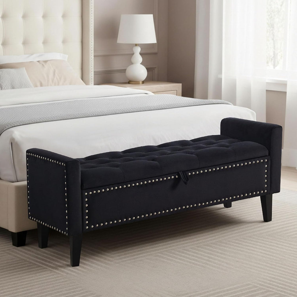 47in Velvet Storage Ottoman Bench with Arms, Upholstered Storage Bench with Wooden Legs, Storage Bench for Bedroom, Living Room, Entryway, Black