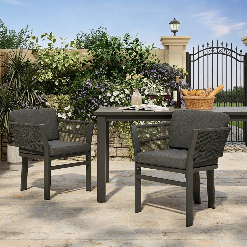 Outdoor Dining Chair Set of 2,White Aluminum Frame with Beige Cushion, 300lbs Capacity, All-Weather Patio Seating for Backyard, Deck & Garden (Grey Frame + Grey Cushion)