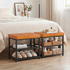Small Shoe Storage Bench with PU Leather Seat Cushion, 3-Tier Freestanding Shoe Rack Organizer for Entryway, Heavy-Duty Metal Mesh Shelves, Supports Up to 300 lbs, Brown (15.7"x11.4"x17.5")