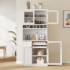 35” Wide Kitchen Hutch with Countertop, Farmhouse Pantry Cabinet with Microwave Shelf | Glass Doors | Wine Rack | Bottle Trays | Drawer, Wooden Structure (White)