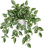 Briful Fake Plants Indoor Artificial Potted Silk Plants Faux Watermelon Peperomia Cascading Vine Plant for Home Office Livingroom Desk Shelf Mantle Decoration(Green/White - 1 Pack)