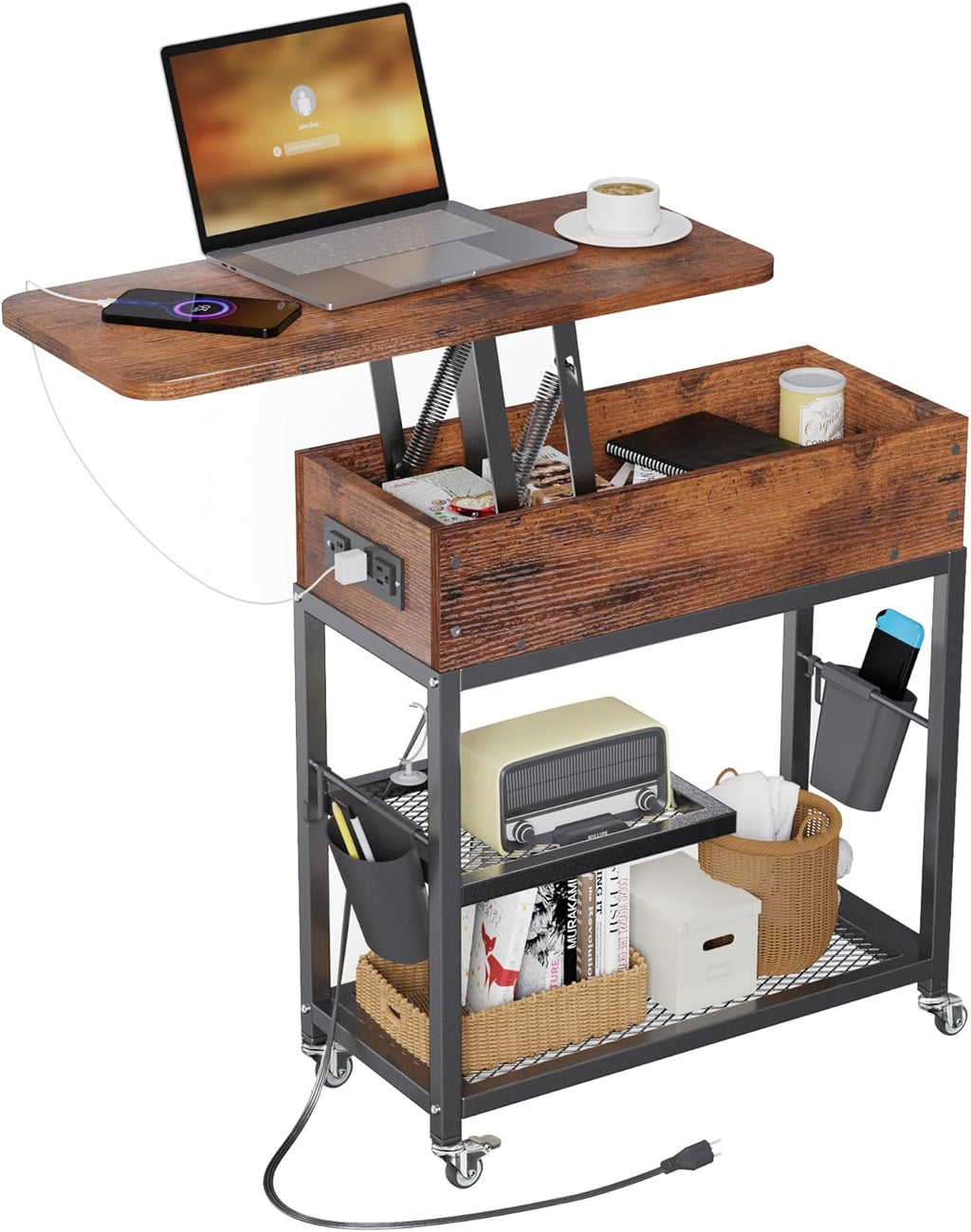 Colima Lift-Top Side Table with Charging Station - Mobile End Table with USB Ports & AC Outlets, Hidden Storage, Wheels - Rustic Wood Nightstand for Living Room, Bedroom, Office