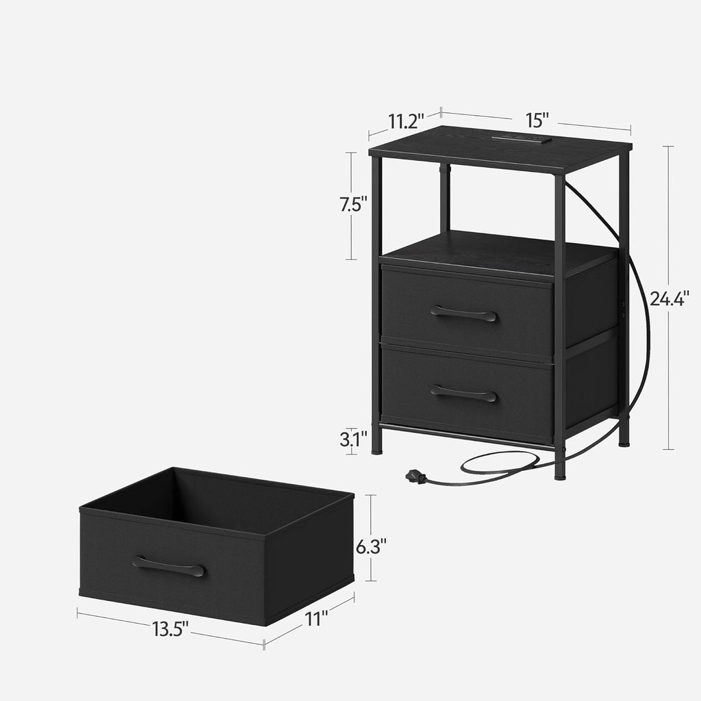 TRIFEBLE Nightstands Set of 2, Night Stand with Charging Station and Led Lights, Bedside Table with 2 Fabric Drawers for Bedroom, Small Side End Table with Open Shelf, Black