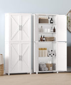 Akxomel 63''H Tall Farmhouse Bathroom Storage Cabinet with 4 Doors White | Floor Storage Cabinet with Barn Doors, Adjustable Shelf, Pantry Cabinet for Kitchen, Laundry Room, Living Room, Entryway
