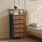 Sweetcrispy Nightstand with Charging Station 5 Fabric Drawers Bedside Table | Night Stand with USB Type-C Ports, AC Outlets & Dimmable LED Light Strip, Modern Rustic Brown Bedroom End Table