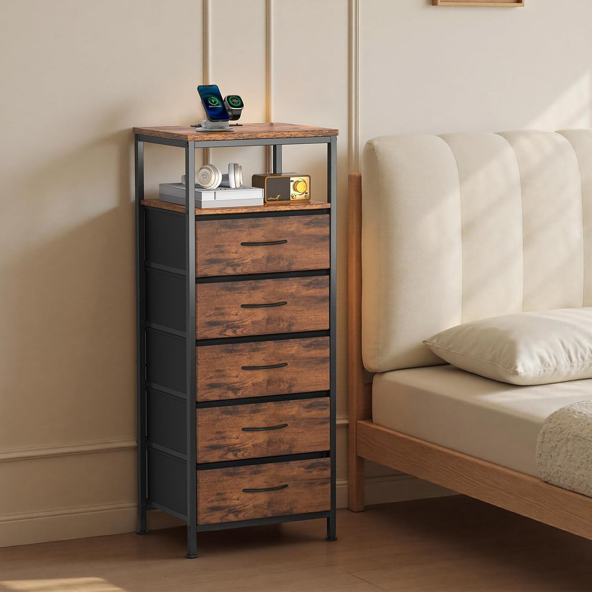 Sweetcrispy Nightstand with Charging Station 5 Fabric Drawers Bedside Table | Night Stand with USB Type-C Ports, AC Outlets & Dimmable LED Light Strip, Modern Rustic Brown Bedroom End Table