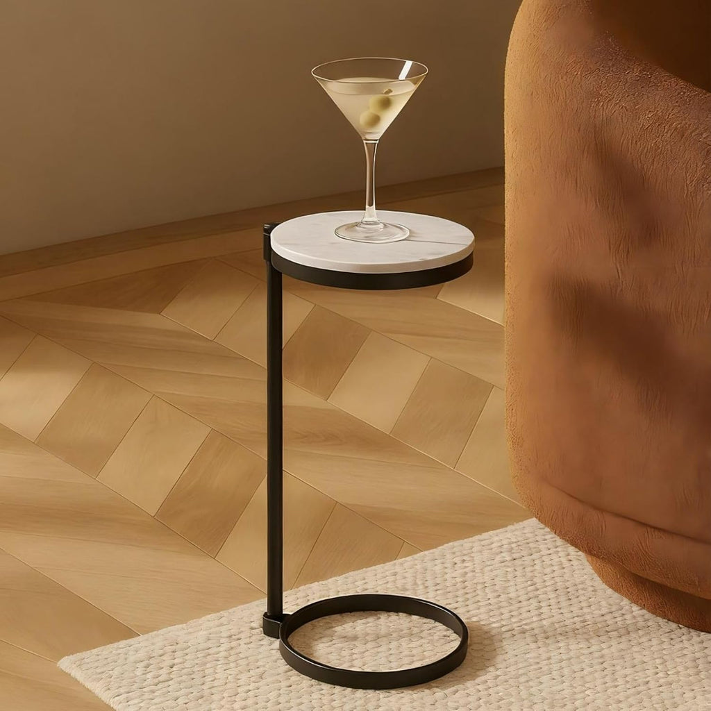 TEHOME Black Marble Drink Table Metal Martini Round Small Drink Side Table for Couch Marble C Shaped End Table for Sofa 10" diam,24.55" h