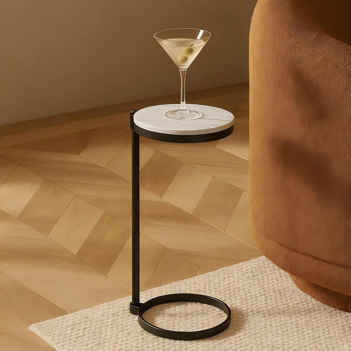 TEHOME Black Marble Drink Table Metal Martini Round Small Drink Side Table for Couch Marble C Shaped End Table for Sofa 10" diam,24.55" h