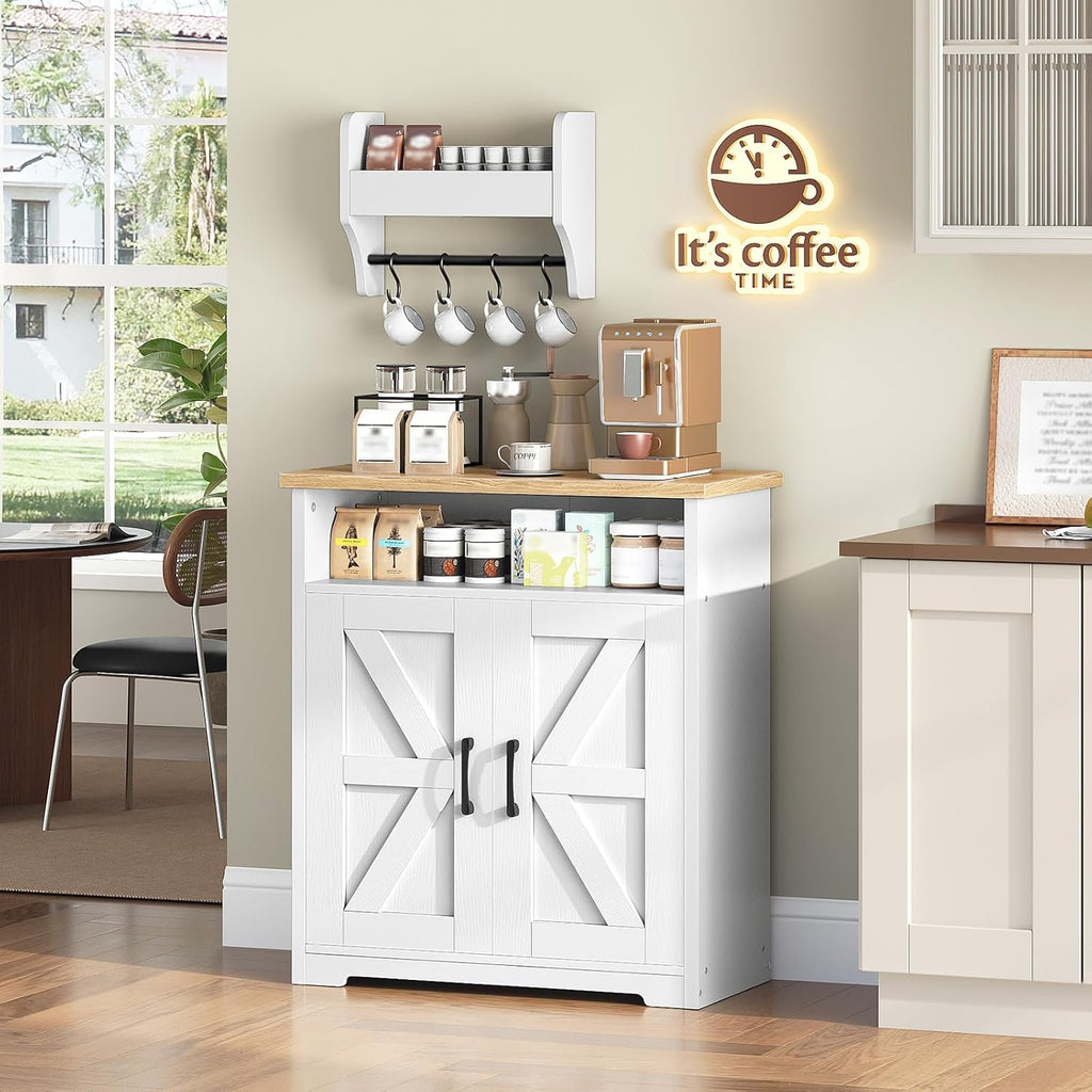 YATINEY Coffee Bar Cabinet, Kitchen Island with Storage, Farmhouse Sideboard Buffet Cabinet with Dual-Purpose Floating Shelf and Hooks, for Kitchen Living Room, White and Natural KF22WN