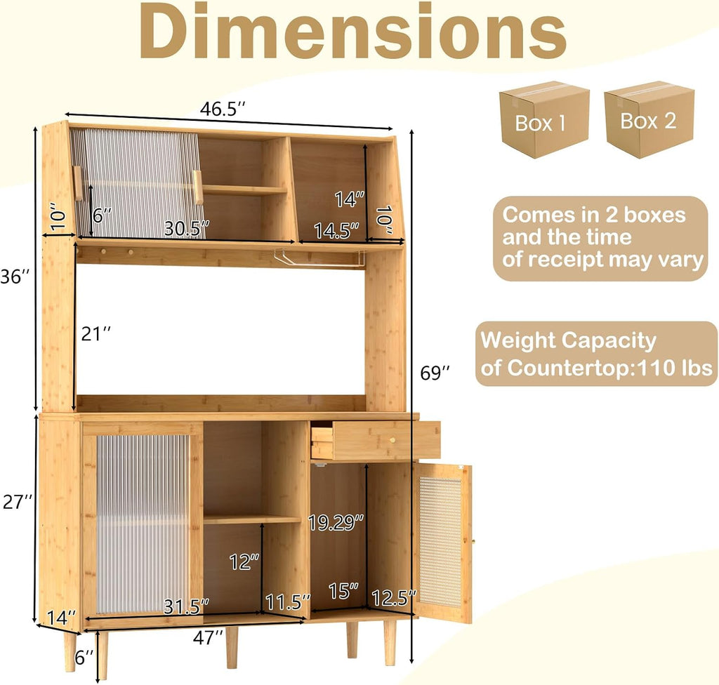 LOKO 69” Tall Bamboo Pantry Cabinet with Hutch, Kitchen Buffet Sideboard with Tempered Glass & PE Rattan Doors, Microwave Shelf, Glass Holder, Floor Cupboard Wine Bar Cabinet, Natural