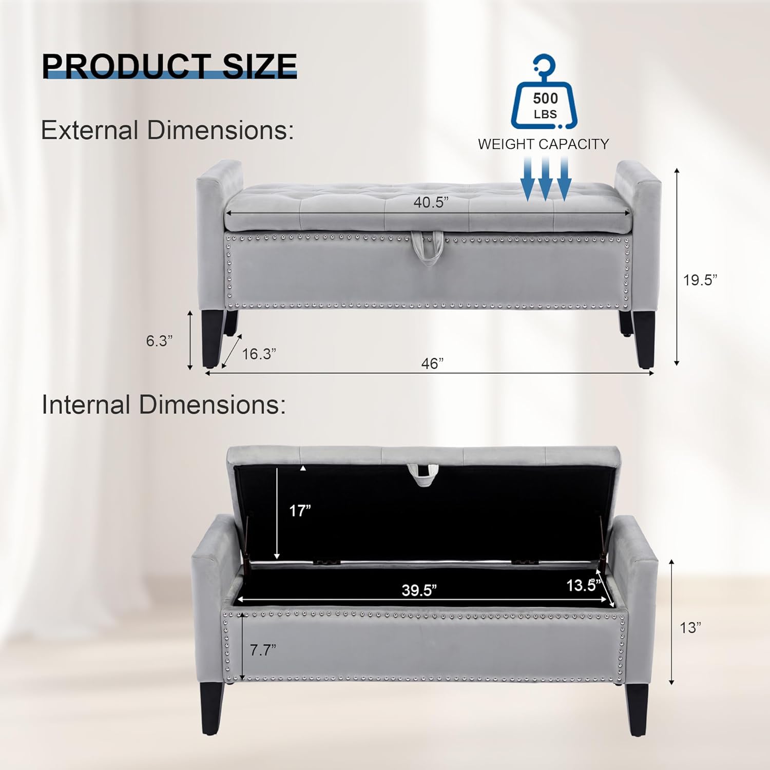 Storage Ottoman Bench, Velvet Upholstered Footstool for Bedroom and Living Room, Tufted Seat with Storage, Wooden Legs & Metal Rivets, Grey