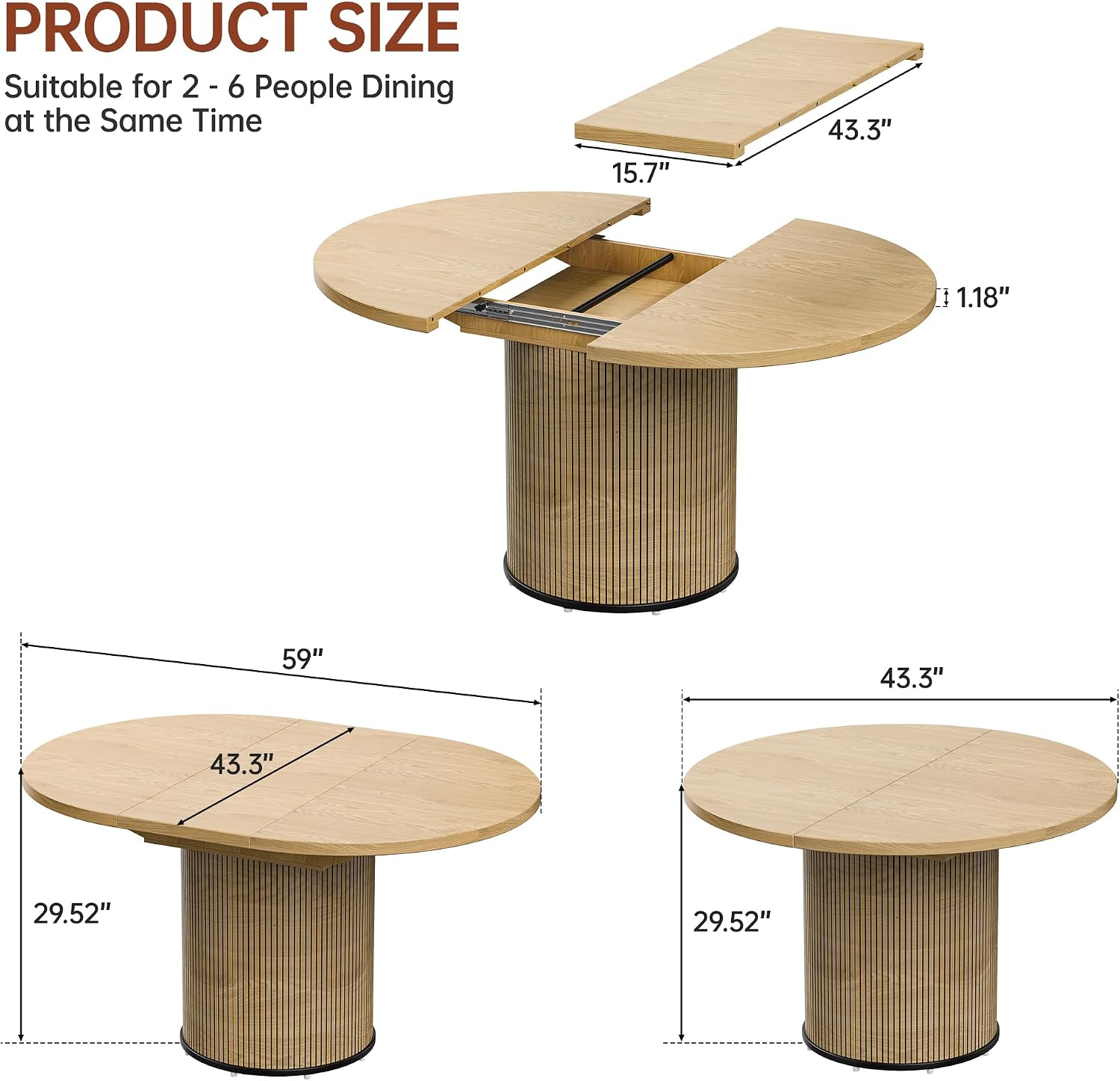 Extendable Dining Room Table Round Dining Table for 4 6 8, 43"-59" Modern Wood Kitchen Table with Removable Leaves Extendable Dinner Tables|Living Room|Small Space