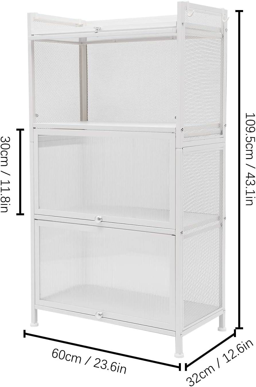 Kitchen Sideboard Pantry Cabinets with Hooks, 4 Tier Kitchen Organizer Shelf for Dishes, Wine, Pots and Pans with 4 Hooks, Modern Food Pantry Cabinets with Drawer for Kitchen Dining Living Room, White