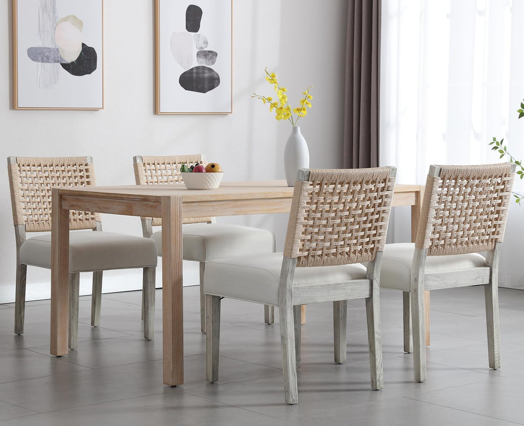 Farmhouse Dining Chairs Set of 4, Upholstered Kitchen Room Chairs with Rattan Back, Solid Wood Woven Back Dining Chairs Accent Linen Side Chair for Dining/Living Room/Dinner, Ivory