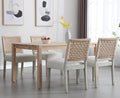 Farmhouse Dining Chairs Set of 4, Upholstered Kitchen Room Chairs with Rattan Back, Solid Wood Woven Back Dining Chairs Accent Linen Side Chair for Dining/Living Room/Dinner, Ivory