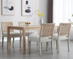 Farmhouse Dining Chairs Set of 4, Upholstered Kitchen Room Chairs with Rattan Back, Solid Wood Woven Back Dining Chairs Accent Linen Side Chair for Dining/Living Room/Dinner, Ivory