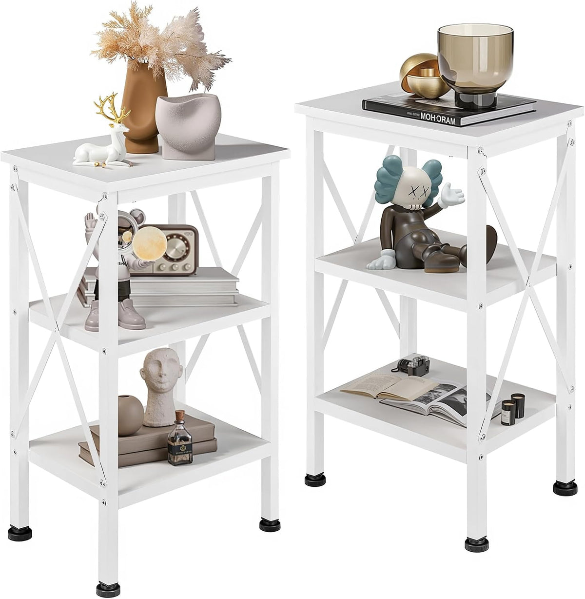 VECELO End Side Table Night Stand Set of 2,X-Design with Storage Shelf for Bedroom,Living Room,White