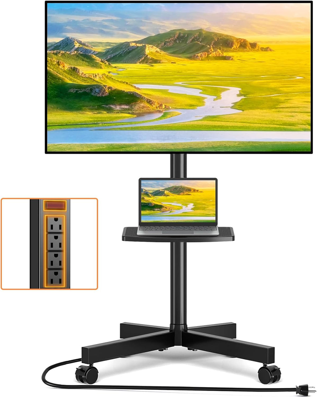 TVON Mobile TV Stand with Power Outlet for 23-65 Inch TVs up to 88 lbs | Tilt Rolling TV Cart with Height Adjustment & Locking Wheels, Portable TV Stand for Bedroom, Office, Max VESA 400x400mm