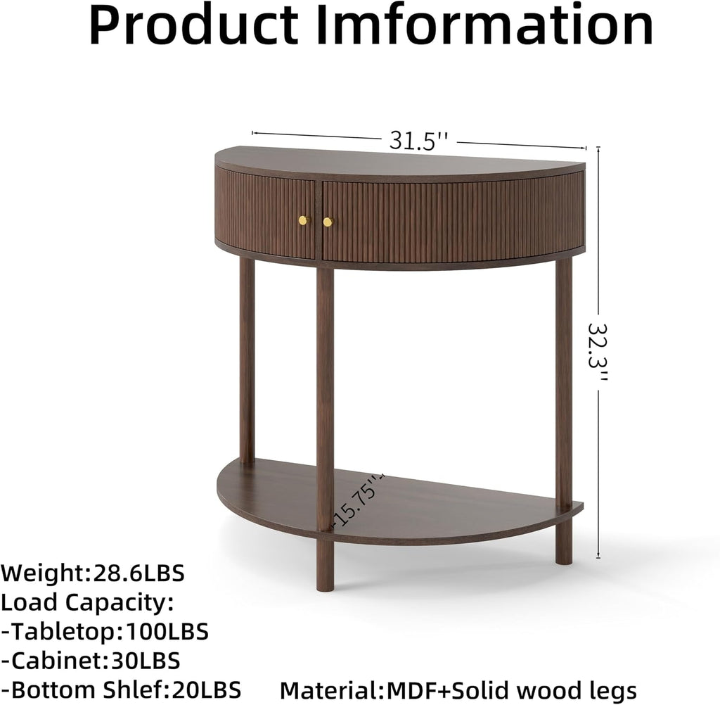 Knocbel Half Moon Console Table with Wave-Pattern Door, Semi-Circle Sofa End Table with 2 Storage Drawers and Bottom Shelf for Entryway Living Room, 31.5" W x 15.75" D x 32.3" H, Brown