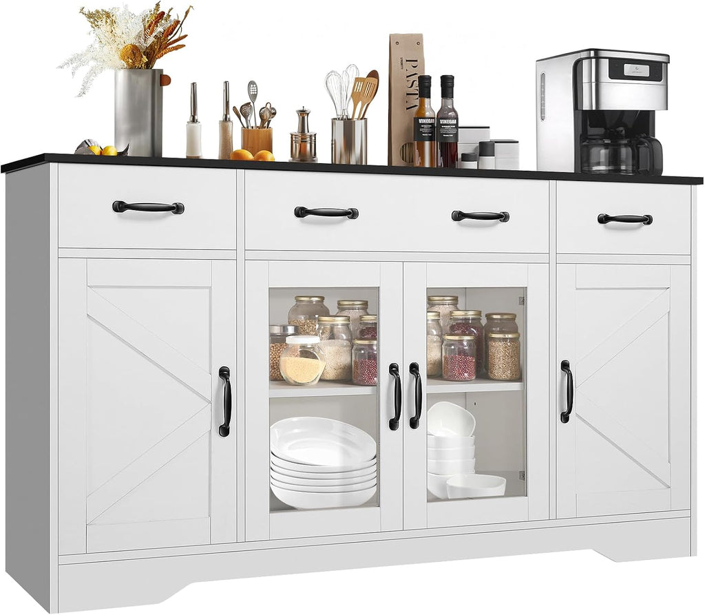 Homdox 55" Buffet Cabinet with Storage, Modern Farmhouse Sideboard with Adjustable Shelves and Glass Doors, Large Wood Coffee Bar Cabinet for Kitchen, Living Room, White