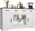 Homdox 55" Buffet Cabinet with Storage, Modern Farmhouse Sideboard with Adjustable Shelves and Glass Doors, Large Wood Coffee Bar Cabinet for Kitchen, Living Room, White