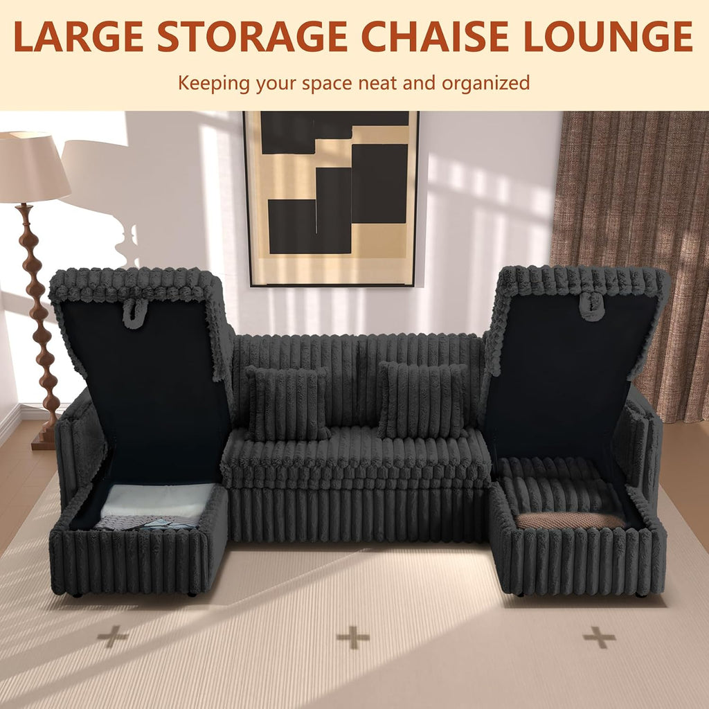 107'' Sectional Sleeper Sofa with Pull Out Bed, Storage Chaise, Adjustable Backrest, USB Charger, Cup Holder & Side Pocket, Fluffy Soft Corduroy U Shaped Couch for Living Room, Black