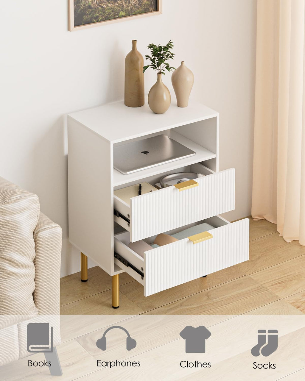 Night Stand,25.7" H Bedside Table with 2-Drawer Shelf,Morden Nightstand with Gold Frame,Fluted Side Table with Gold Frame,End Table for Bedroom,Living Room
