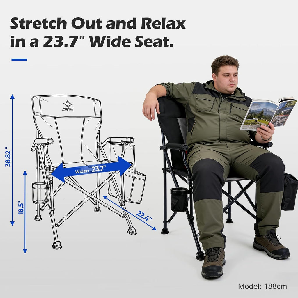 XL Premium Camping Chair - 400lb Capacity, Oversized 23.7" Wide Seat, Heavy Duty 600D Oxford Fabric, Padded Camping Chair Portable for Outdoor, Beach, Tailgate Parties Black/Blue