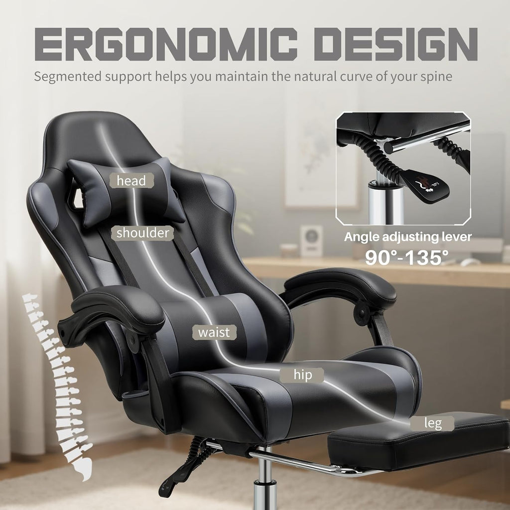 DUMOS Ergonomic Gaming Chair with Footrest, Home Office Desk Chair | PU Leather, Headrest, Linkage Armrests, Height Adjustable, 360 Swivel Reclining, Black Grey