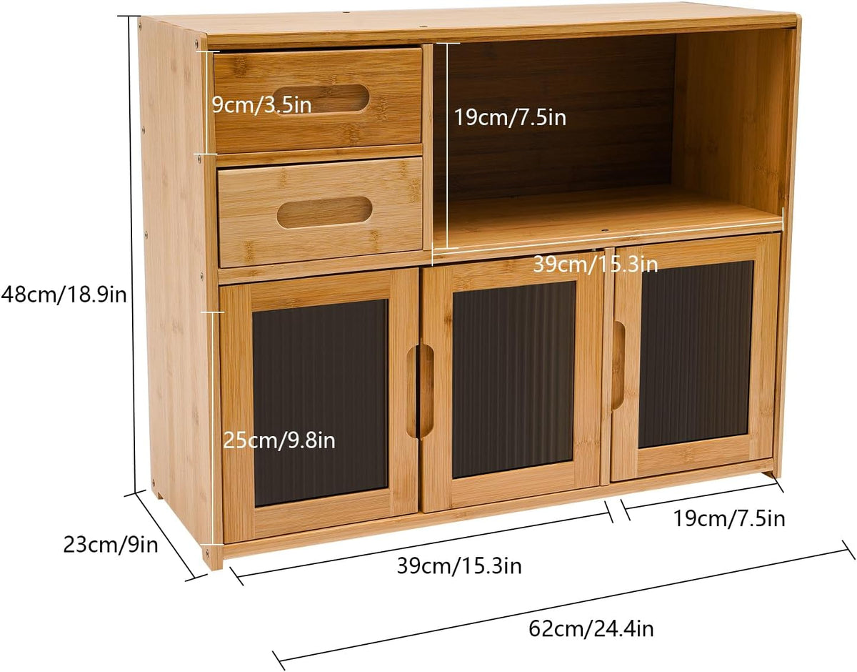 Small Bamboo Kitchen Pantry Sideboard, with Two Drawers, One Open Space, Large Bottom Space with Doors, Freestanding Countertop Storage Cabinet for Bottles, Dish, Bowl, Console