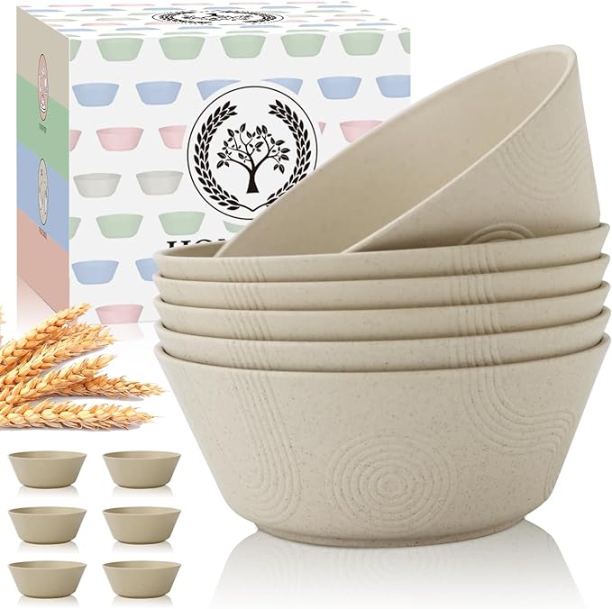 Homienly Cereal Bowl - Wheat Straw Bowls 6 PCS | Microwave & Dishwasher Safe | Patented Textured for Secure Grip| Ideal for Cereal, Soup, Salad - Versatile Dining Alternative to Plastic Bowls(Beige)