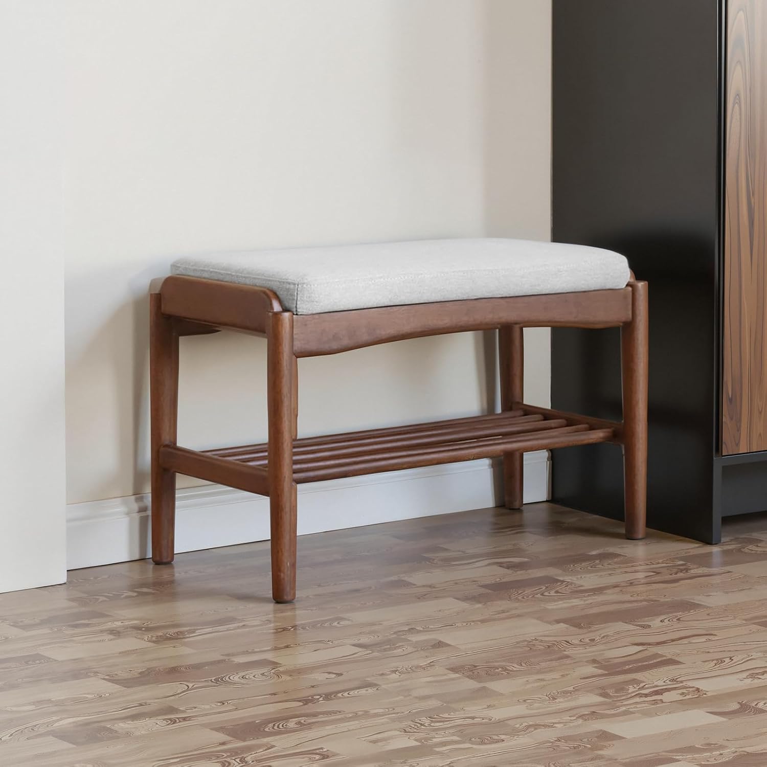 Black Walnut Shoe Bench Assembled, Solid Wood Shoe Rack Bench with Cushion for Entryway, Living Room, Bedroom, Hallway, 11.8" x 31.5" x 16.5"