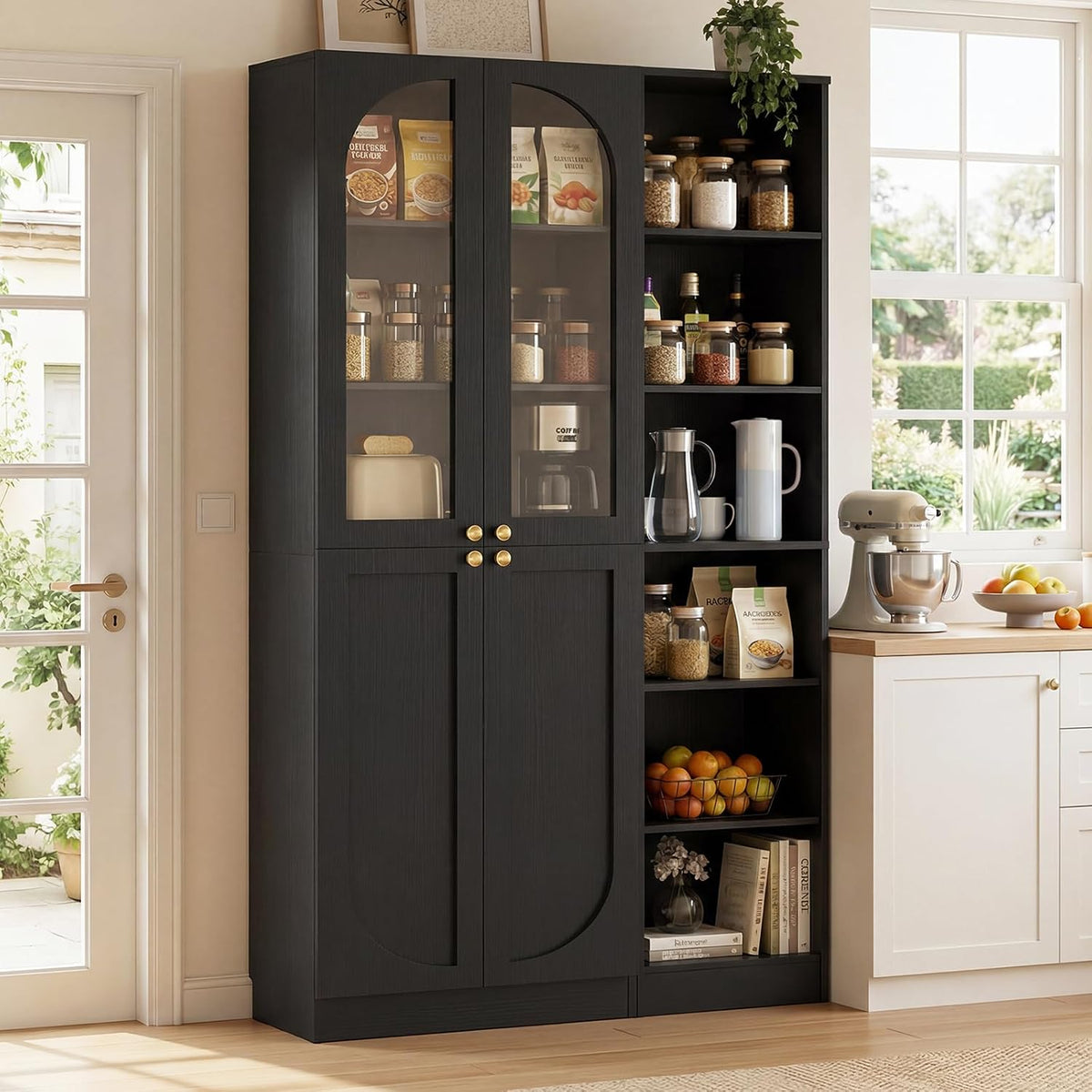 Cyclysio 80" Tall Pantry System with Tempered Glass Doors, Arched Pantries with 6-Tier Open Shelves, Wooden Cupboard Storage Organizer with Baseboard Cutout for Living Room