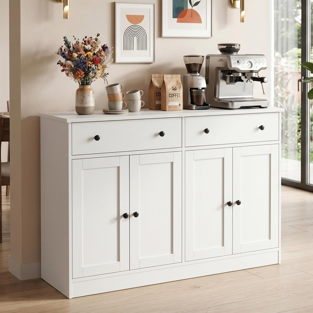 holzart 49" White Buffet Cabinet with Doors & Drawers, Modern Kitchen Storage Sideboard, Coffee Bar Console Table for Dining Room, Living Room, Entryway