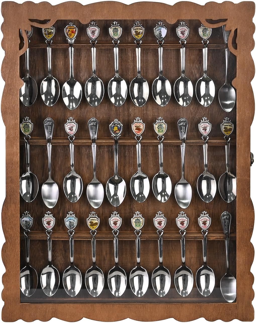 Ikee Design Wooden 30-Souvenir Spoon Display Case Cabinet, Wall-Mounted Tea Spoon Rack with Tempered Glass Suitable for Collection Display, 13.4W x 2.6D x 15.7H in