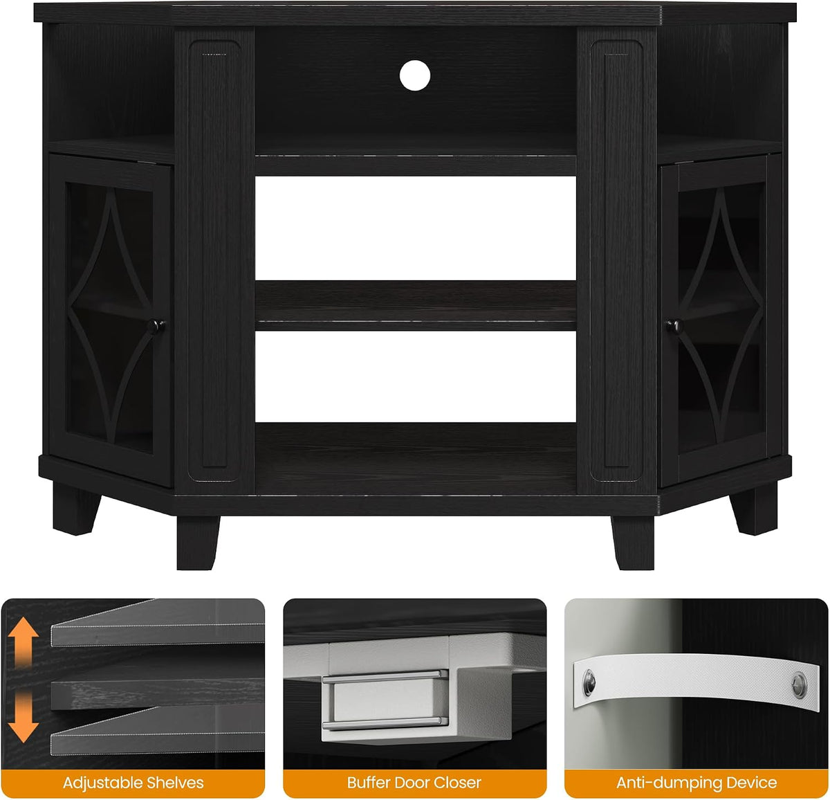 RoyalCraft Corner TV Stand for TVs up to 55 Inch: Corner Tall Entertainment Center with Storage, Modern Wood Media Console Cabinet for Living Room, Bedroom, Satin Black