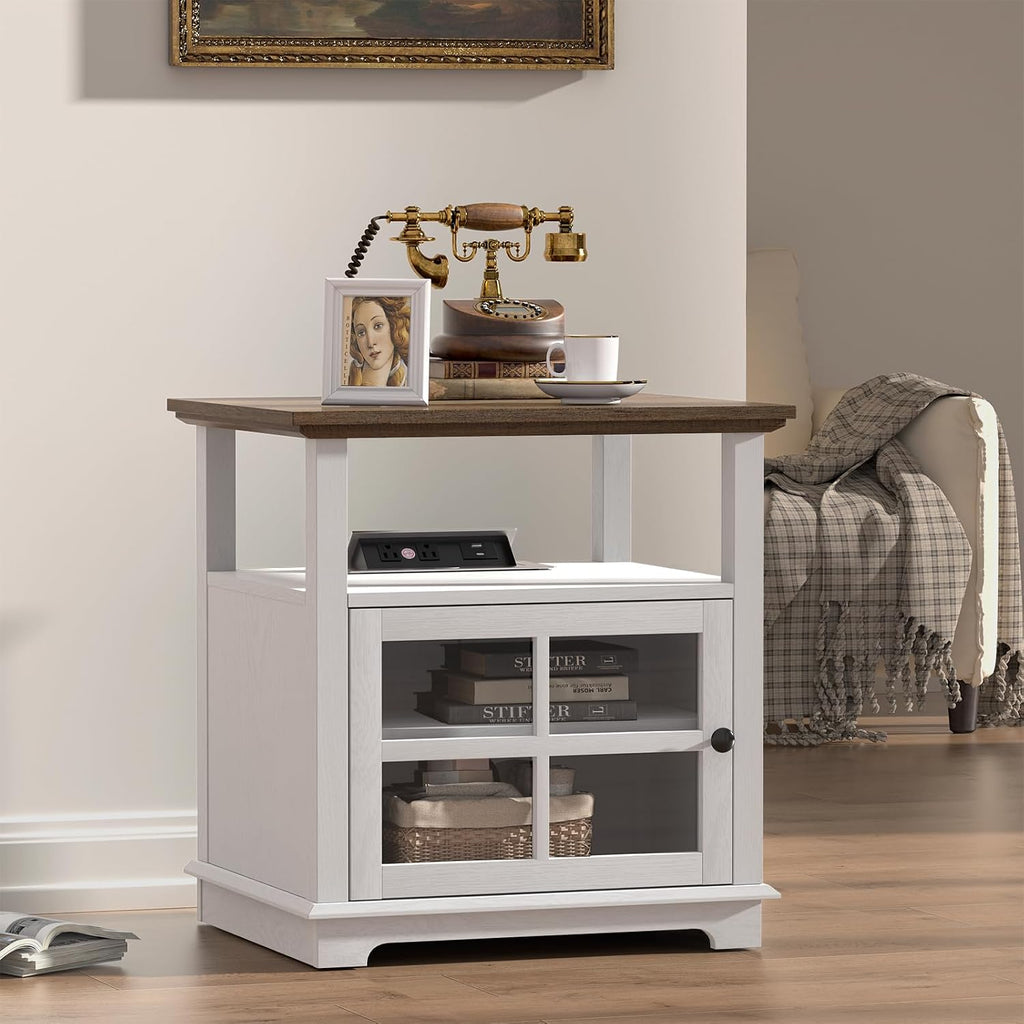 HIFYOBRO 24''Tall White End Table with Charging Station, Adjustable Shelf & Storage, 21" Large Side Table, Modern Farmhouse Nightstand for Bedroom, Living Room, Office