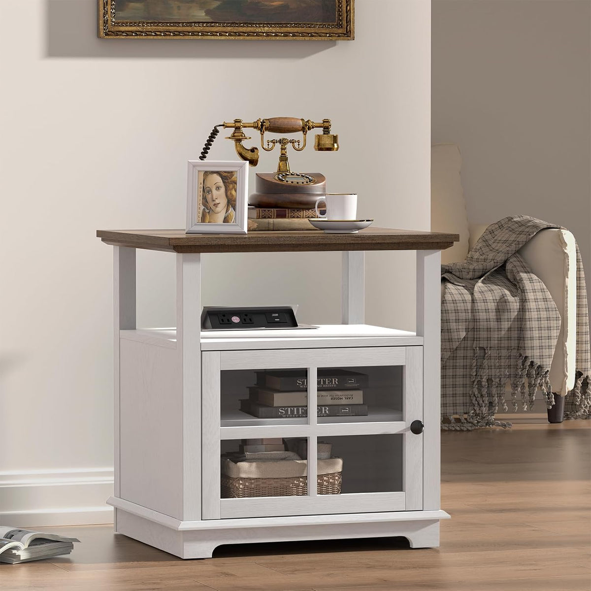 HIFYOBRO 24''Tall White End Table with Charging Station, Adjustable Shelf & Storage, 21" Large Side Table, Modern Farmhouse Nightstand for Bedroom, Living Room, Office