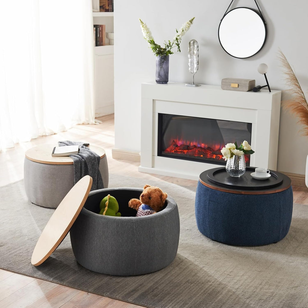 Round Storage Ottoman, 2 in 1 Function, Work as End Table and Ottoman, Navy (25.5"x25.5"x14.5")