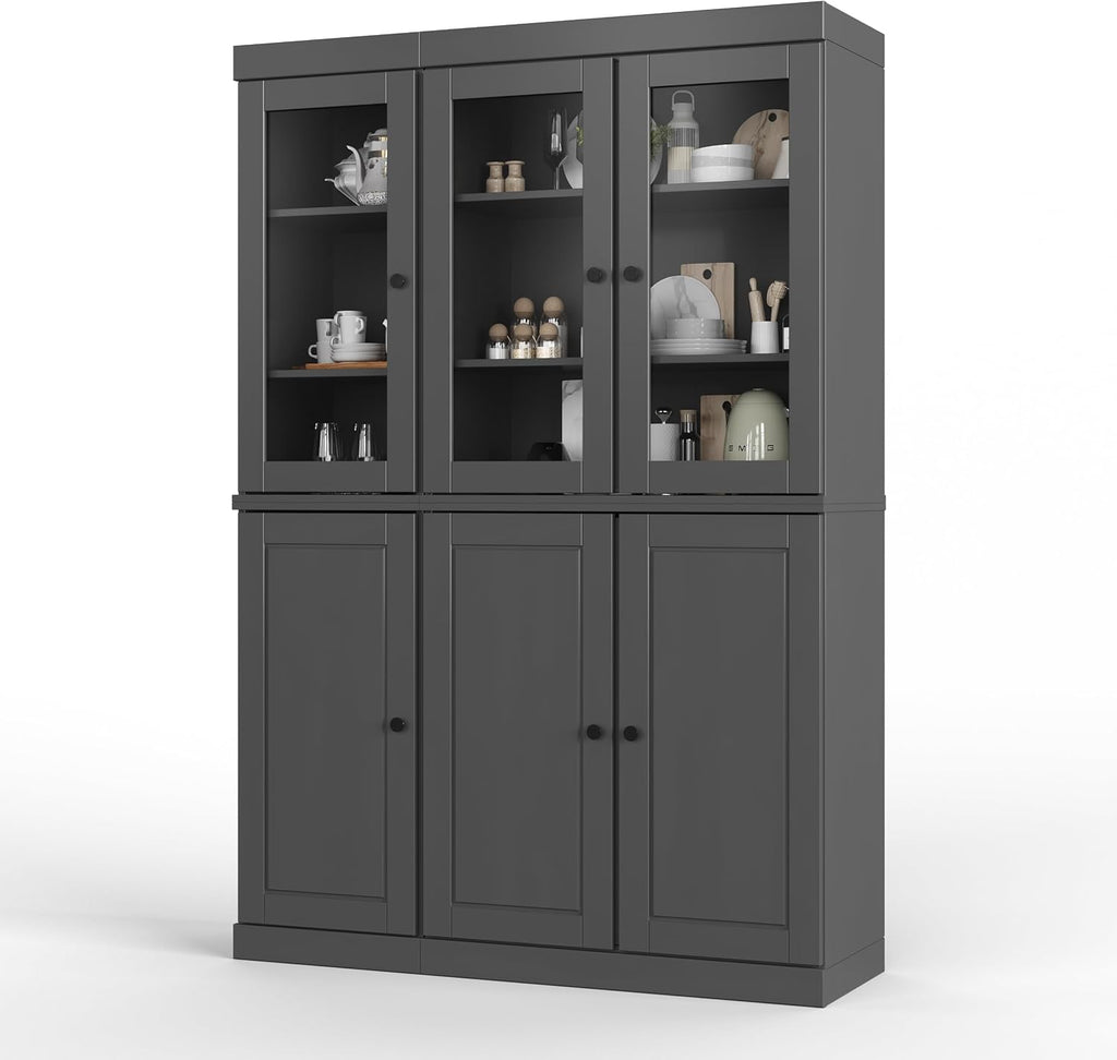 Palace Imports 100% Solid 2-Drawer Pantry, 3 Glass & 3 Wood Doors, Gray, 48.5" w, Renewable Eco-Friendly Wood, Made in Brazil