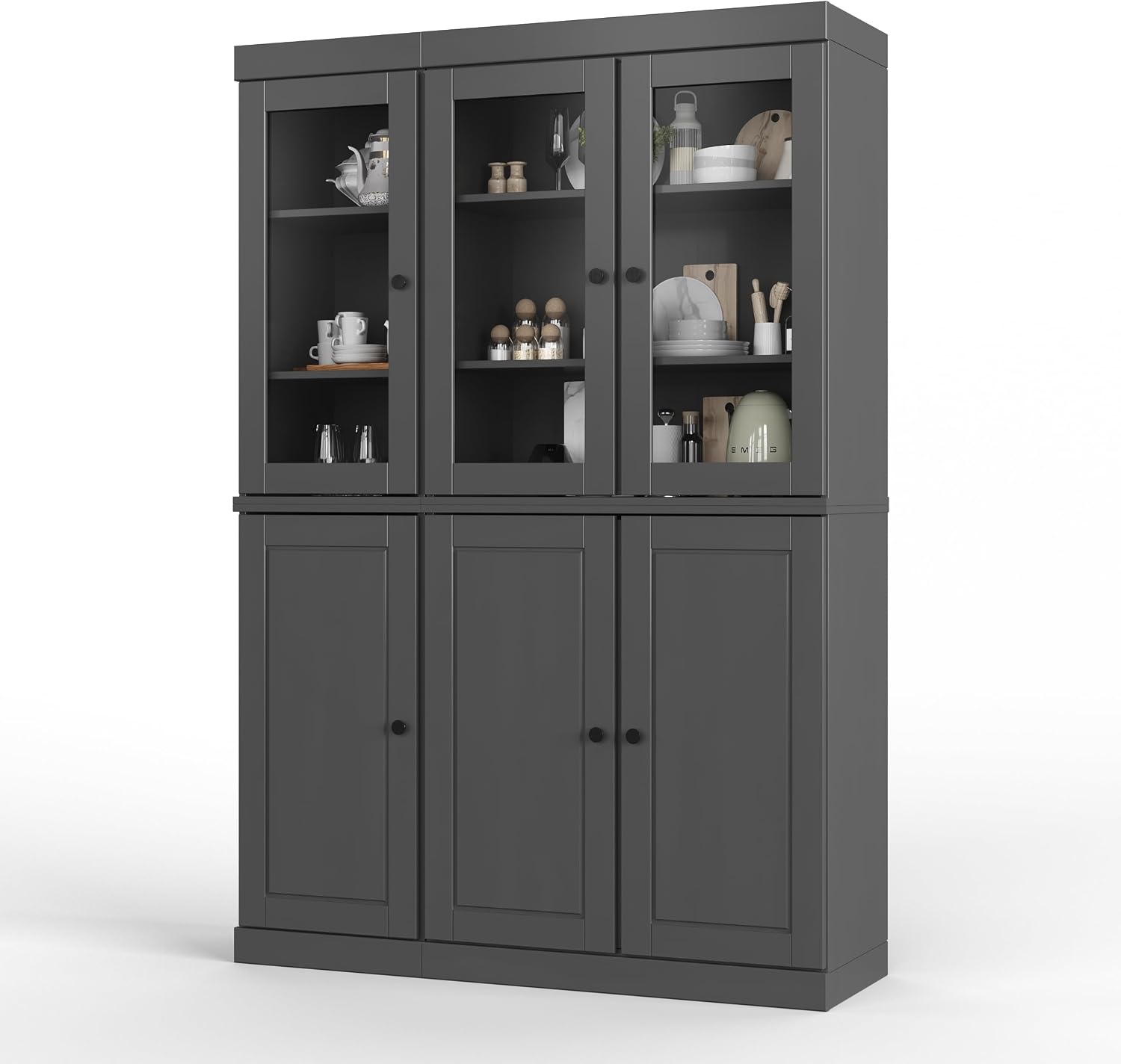 Palace Imports 100% Solid 2-Drawer Pantry, 3 Glass & 3 Wood Doors, Gray, 48.5" w, Renewable Eco-Friendly Wood, Made in Brazil