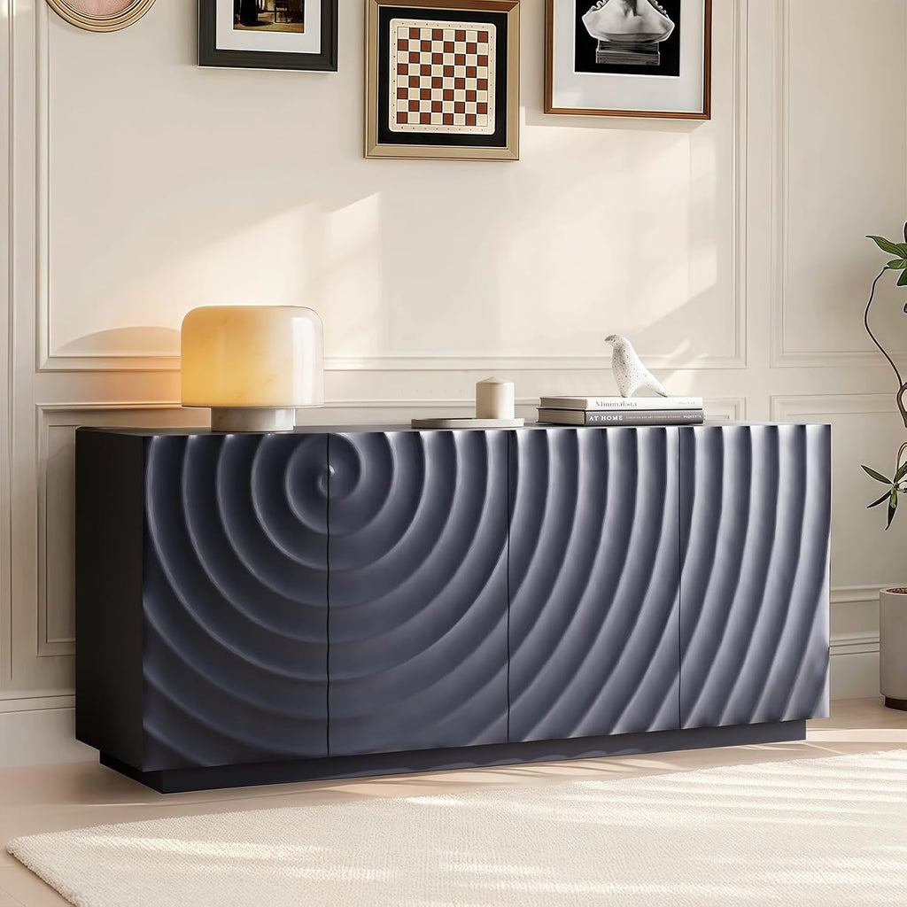 4 Door Modern Sideboard Buffet Cabinet with Spiral Grain, Accent Storage Sideboard Freestanding Anti-Dumping Storage Cabinet Buffet for Kitchen & Living Room (Navy Blue)